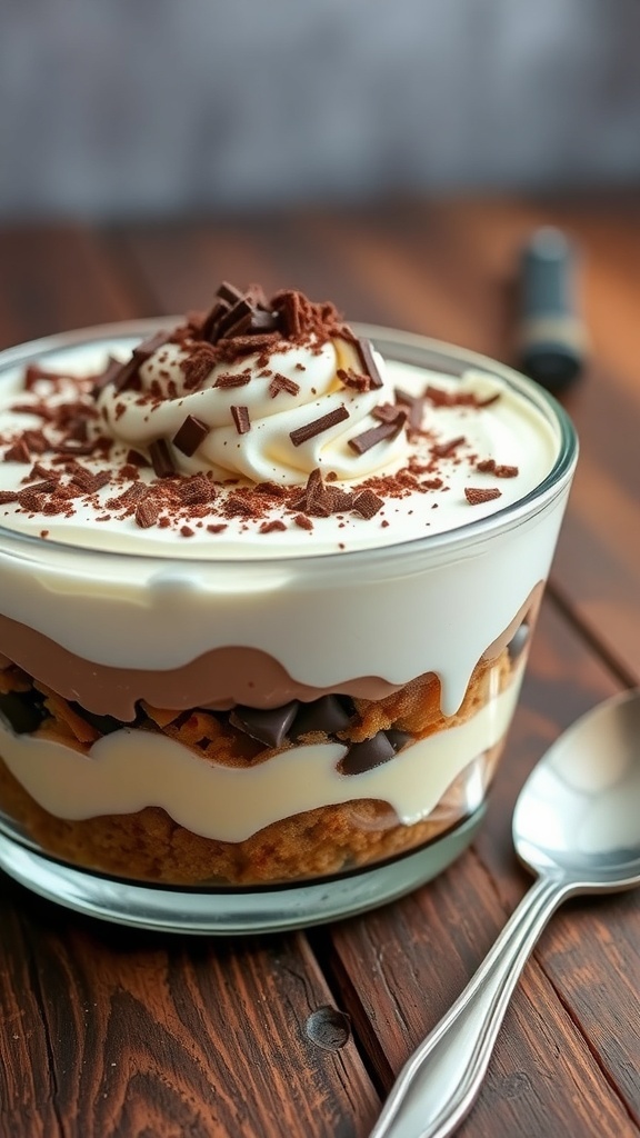A four-layer dessert with graham cracker crust, chocolate pudding, and whipped cream, garnished with chocolate shavings.